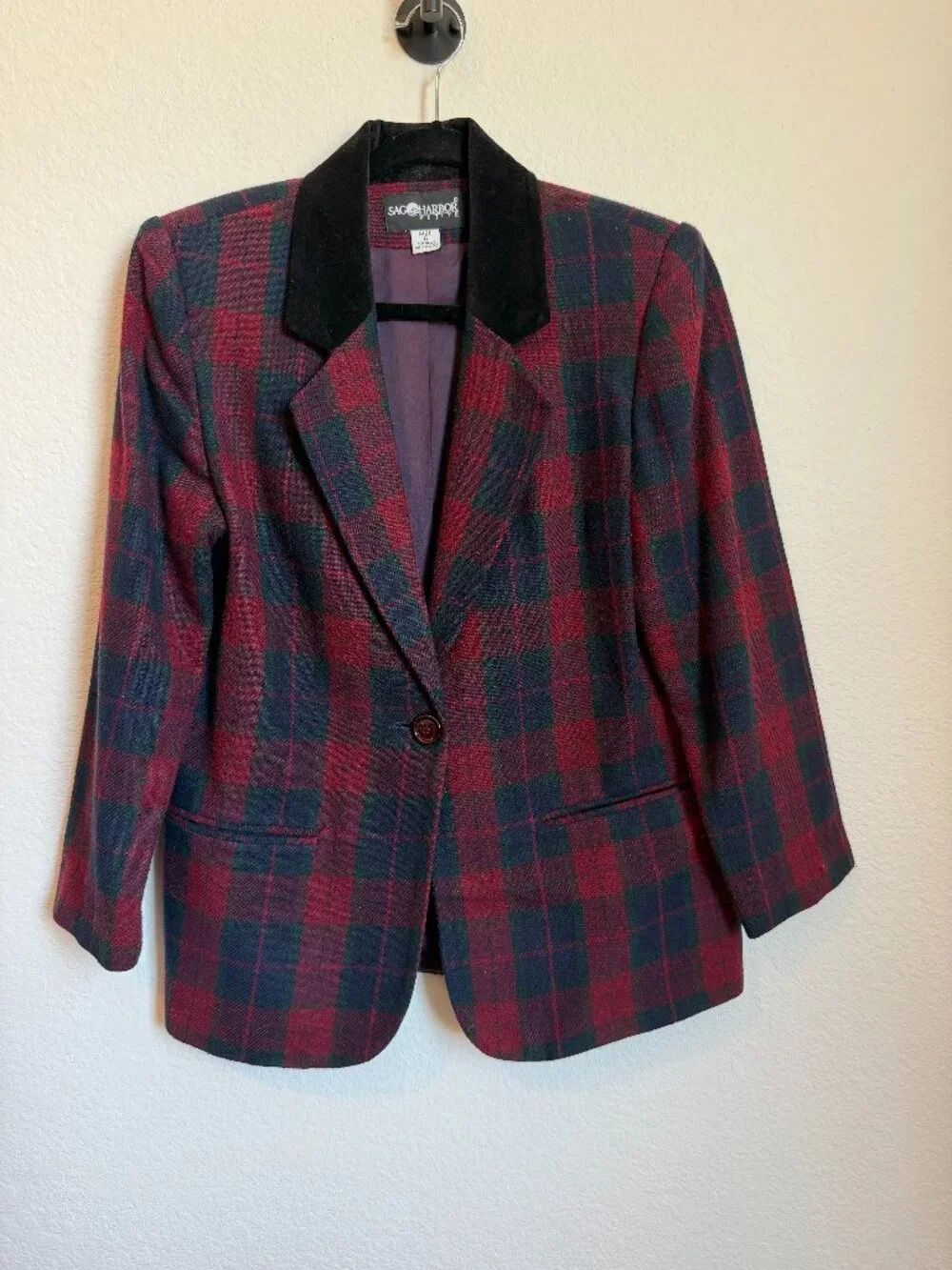 Vintage Sag Harbor Petite Red Green Plaid Velvet Collar Blazer Jacket 6 - Picture 2 of 7